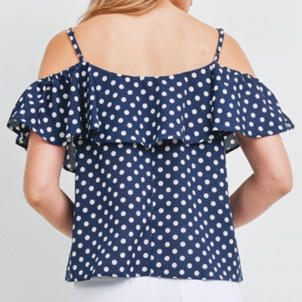 Navy Womens polka dot cold shoulder ruffled detailed blouse - Picture 7 of 7